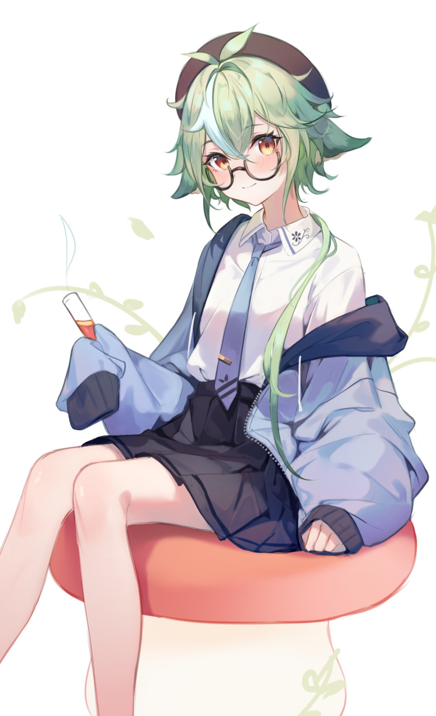 1girl alternate_costume animal_ears beret black_headwear black_skirt blue_jacket blue_necktie casual closed_mouth collared_shirt commentary_request feet_out_of_frame genshin_impact glasses green_hair hat highres holding holding_test_tube jacket long_sleeves looking_at_viewer lumo_1121 multicolored_hair mushroom necktie open_clothes open_jacket orange_eyes semi-rimless_eyewear shirt shirt_tucked_in short_hair sitting skirt sleeves_past_fingers sleeves_past_wrists smile solo streaked_hair sucrose_(genshin_impact) test_tube tie_clip under-rim_eyewear white_hair white_shirt