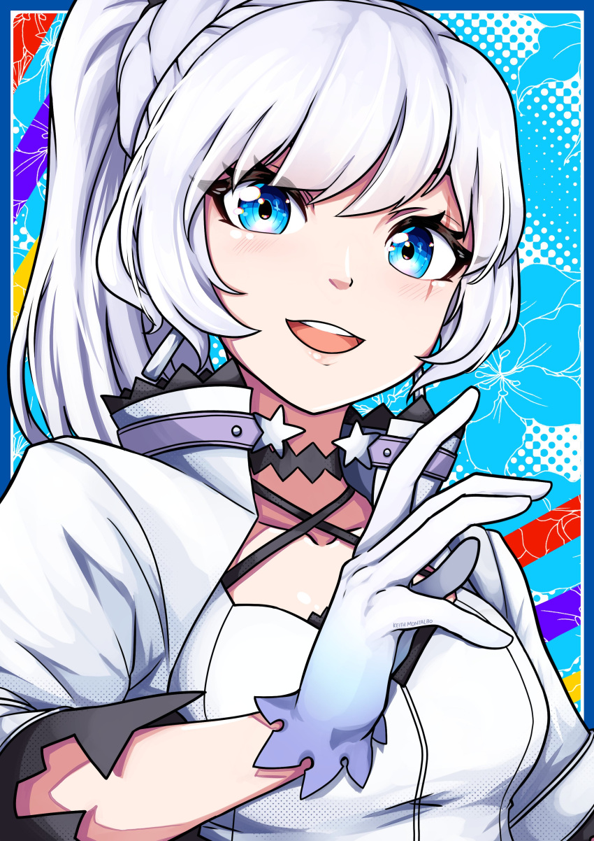 1girl :d absurdres black_choker blue_background blue_border blue_eyes border breasts choker collarbone dangle_earrings earrings gloves hand_up high_ponytail highres jacket jewelry keith_montalbo looking_at_viewer open_mouth rwby scar scar_across_eye scar_on_face small_breasts smile solo upper_body weiss_schnee white_gloves white_hair white_jacket