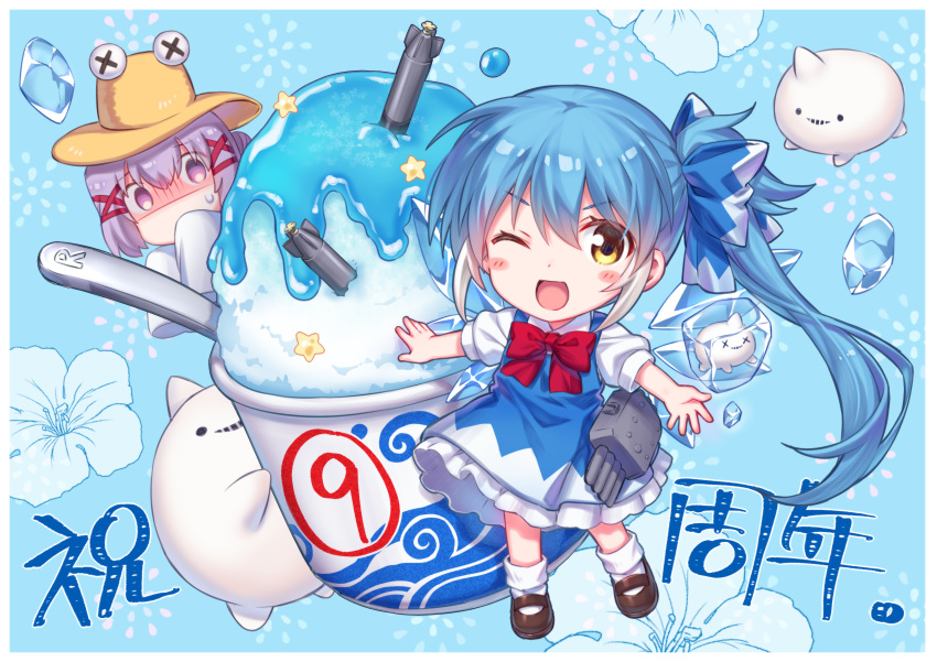 ;d absurdres blue_background blue_bow blue_dress blue_hair blush_stickers bow brown_footwear brown_headwear character_request circled_9 cirno cirno_(cosplay) collared_shirt commentary_request cosplay detached_wings dress food frilled_dress frills frozen hair_between_eyes hair_bow hat highres ice ice_wings long_hair looking_at_viewer moriya_suwako moriya_suwako_(cosplay) one_eye_closed puffy_short_sleeves puffy_sleeves purple_hair shaved_ice shenbei_xiaoqiu shirt shoes short_sleeves side_ponytail sleeveless sleeveless_dress smile socks spoon sweat torpedo touhou turn_pale very_long_hair violet_eyes warship_girls_r white_shirt white_socks wings x_x yellow_eyes