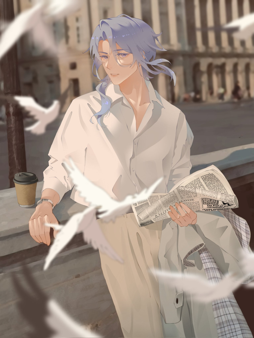 1boy bishounen brown_pants cheong1110 coffee_cup collared_shirt cup disposable_cup genshin_impact highres holding holding_newspaper kamisato_ayato light_purple_hair male_focus newspaper pants parted_lips shirt smile solo teeth violet_eyes white_dove white_shirt
