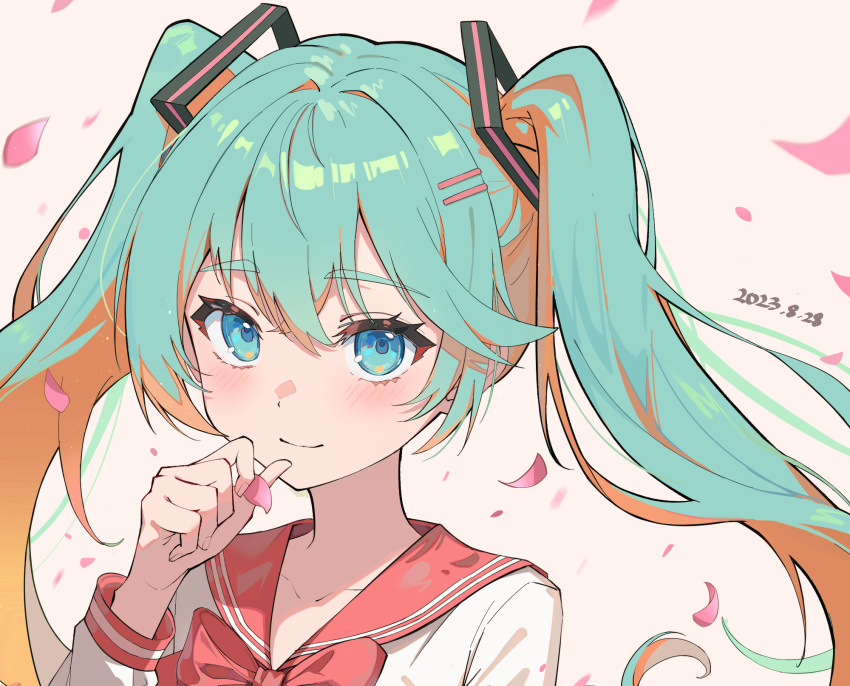 1girl 2023 blue_eyes blue_hair blush bow bowtie brown_hair cherry_blossoms chinese_commentary closed_mouth collarbone commentary dated hair_between_eyes hair_ornament hatsune_miku highres holding holding_petal long_sleeves multicolored_hair petals portrait red_bow red_bowtie red_sailor_collar sailor_collar sailor_shirt school_uniform serafuku setsunelhr shirt smile solo twintails vocaloid white_shirt