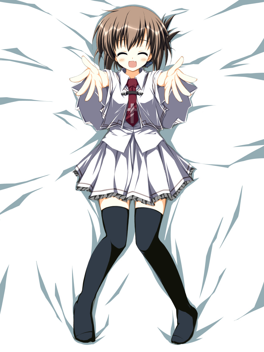1girl :d ^_^ absurdres asagi_nanami bed_sheet black_thighhighs blush brown_hair capelet closed_eyes commentary_request cross_print dakimakura_(medium) eyelashes facing_viewer fang folded_ponytail foreshortening frilled_skirt frills full_body hair_between_eyes happy highres knees_together_feet_apart legs lying medium_hair miniskirt necktie no_shoes on_back open_hands open_mouth outstretched_arms pleated_skirt reaching reaching_towards_viewer red_necktie school_uniform shirt skin_fang skirt smile solo straight-on subarashiki_hibi tachibana_kimika thigh-highs white_capelet white_shirt white_skirt zettai_ryouiki