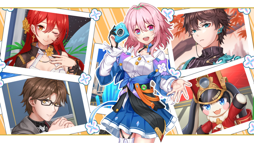 1girl absurdres badge black_choker black_corset black_gloves blue_eyes blue_jacket blue_skirt blush breasts button_badge buttons camera choker collarbone commentary_request corset cowboy_shot dan_heng_(honkai:_star_rail) flower_ornament gloves hand_up highres himeko_(honkai:_star_rail) holding holding_camera honkai:_star_rail honkai_(series) jacket long_sleeves looking_at_viewer march_7th_(honkai:_star_rail) medium_breasts medium_hair miniskirt nonoa_(user_ndkv3377) open_hand open_mouth photo_(object) pink_eyes pink_hair pleated_skirt pom-pom_(honkai:_star_rail) reaching reaching_towards_viewer shirt single_glove skirt smile teeth thigh_strap tied_jacket two-tone_eyes upper_teeth_only welt_yang white_shirt