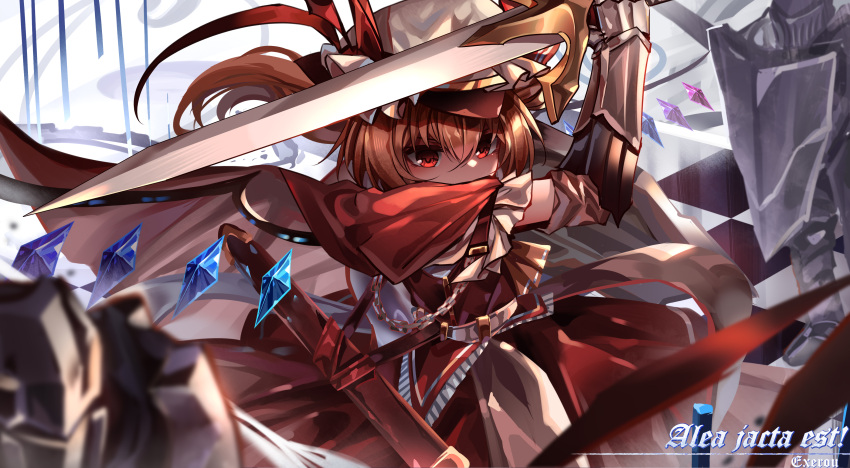 1girl absurdres alternate_costume arm_armor arm_up armor armored_gloves artist_name ascot belt blonde_hair chain checkered_floor cowboy_shot crystal_wings flandre_scarlet frilled_vest frills hat hat_ribbon highres holding holding_sword holding_weapon hood latin_text looking_ahead medium_hair mob_cap red_eyes red_hood red_ribbon red_skirt red_vest ribbon scabbard sheath shirt short_sword side_ponytail skirt skirt_set solo_focus sword top-exerou touhou vest weapon white_shirt wings yellow_ascot