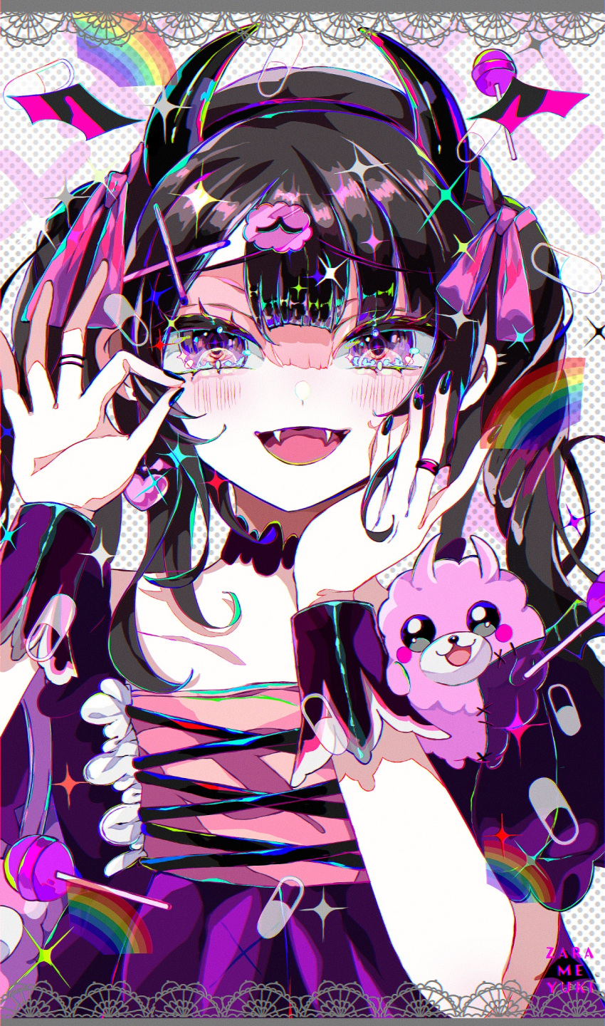 1girl :d arm_support artist_name black_choker black_hair black_horns black_nails blunt_bangs candy choker demon_horns demon_wings denonbu dress earrings fangs food hair_ornament hair_ribbon hand_on_own_cheek hand_on_own_face hands_up head_rest heart heart_earrings highres horns jewelry lollipop long_hair looking_at_viewer nail_polish ok_sign open_mouth pill pomemori purple_dress rainbow reml ribbon ring smile solo sparkle twintails upper_body violet_eyes wings wrist_cuffs x_hair_ornament zarame_yuki
