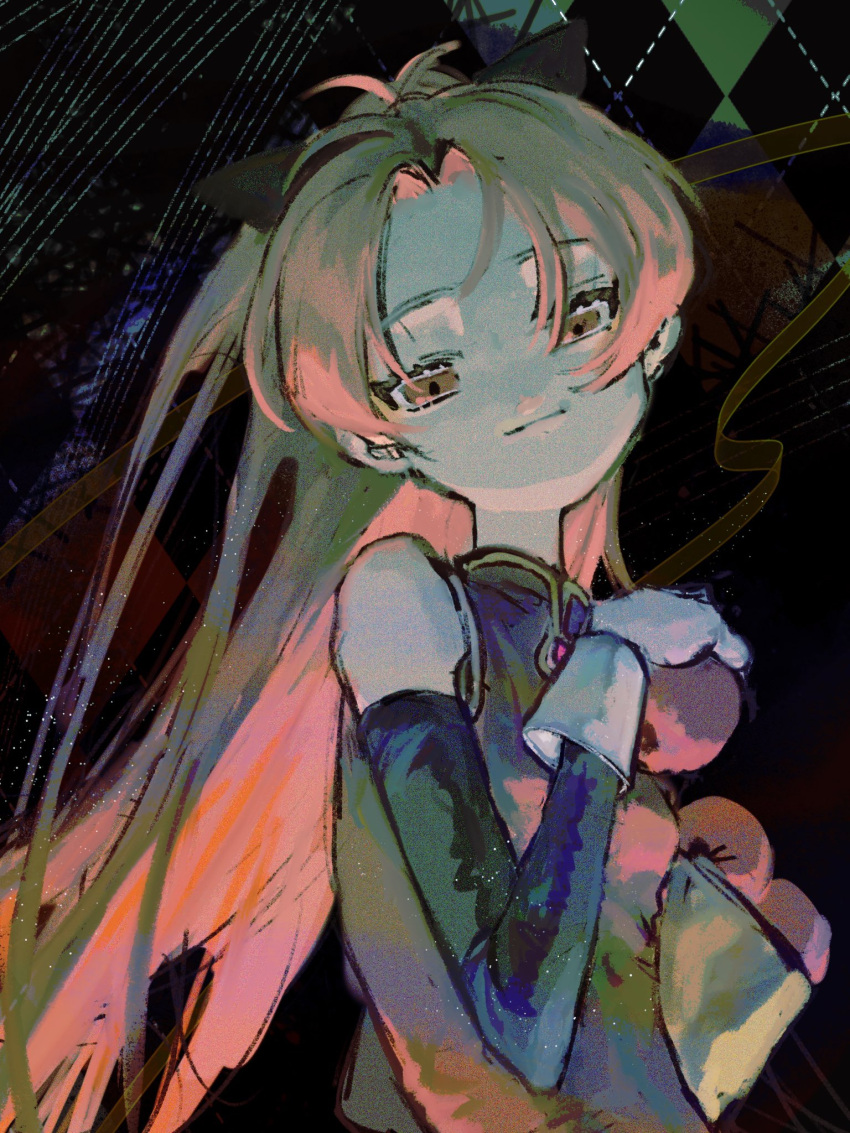 1girl abstract_background apple bag bare_shoulders black_bow black_sleeves bow chest_jewel cleavage_cutout closed_mouth clothing_cutout collared_dress detached_sleeves dress eyelashes food fruit hair_bow highres holding holding_bag holding_food kasang_card long_hair long_sleeves looking_at_viewer magical_girl mahou_shoujo_madoka_magica mahou_shoujo_madoka_magica_(anime) parted_bangs ponytail red_dress red_eyes redhead sakura_kyoko sleeveless sleeveless_dress smile solo soul_gem upper_body white_arm_warmers