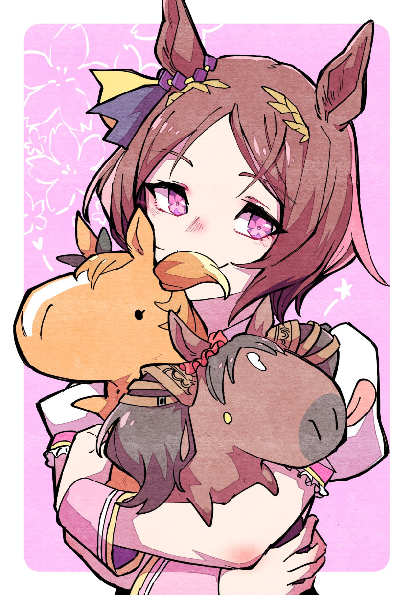 1girl animal animal_ears animalization border bow brown_bow brown_hair cherry_blossoms closed_mouth commentary crossed_arms ear_bow ear_ornament ear_scrunchie floral_background floral_print flower-shaped_pupils flower_in_eye hair_ornament highres holding holding_animal horse horse_ears horse_girl looking_at_viewer marvelous_sunday_(umamusume) mayano_top_gun_(umamusume) minimized multicolored_hair orange_hair outside_border parted_bangs pink_background pink_eyes pink_hair puffy_short_sleeves puffy_sleeves saddle_hair_ornament sakura_laurel_(umamusume) short_hair short_sleeves smile solid_circle_eyes symbol-shaped_pupils symbol_in_eye takatsuki_nato tongue tongue_out twintails two-tone_hair two_side_up umamusume upper_body white_border wrist_cuffs yellow_eyes