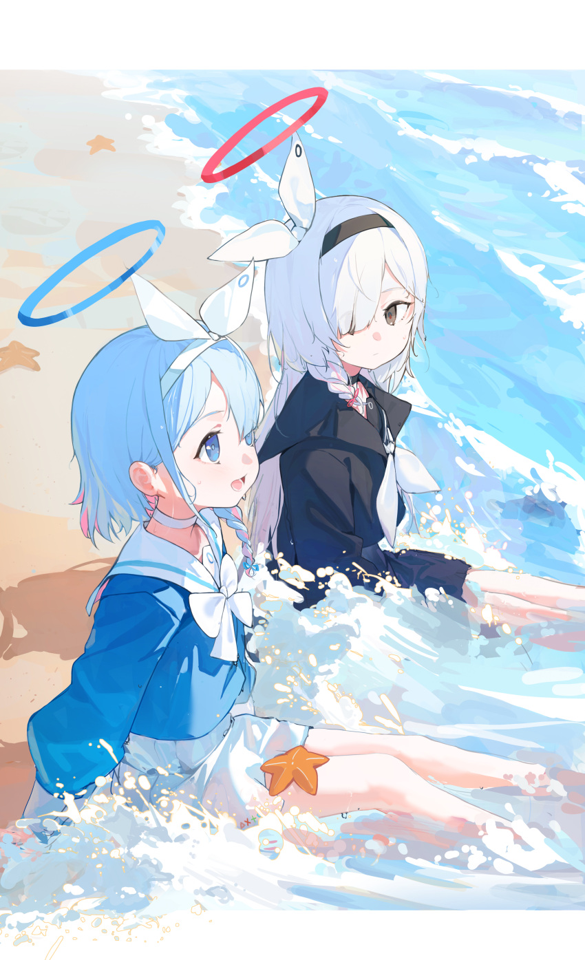 2girls absurdres arona_(blue_archive) beach blue_archive blue_eyes blue_hair braid closed_mouth day grey_eyes hair_ribbon hairband halo highres long_sleeves looking_at_another medium_hair multiple_girls ocean open_mouth outdoors plana_(blue_archive) ribbon sailor_collar sand shenqi_de_(9) shirt sitting skirt smile starfish white_ribbon white_sailor_collar