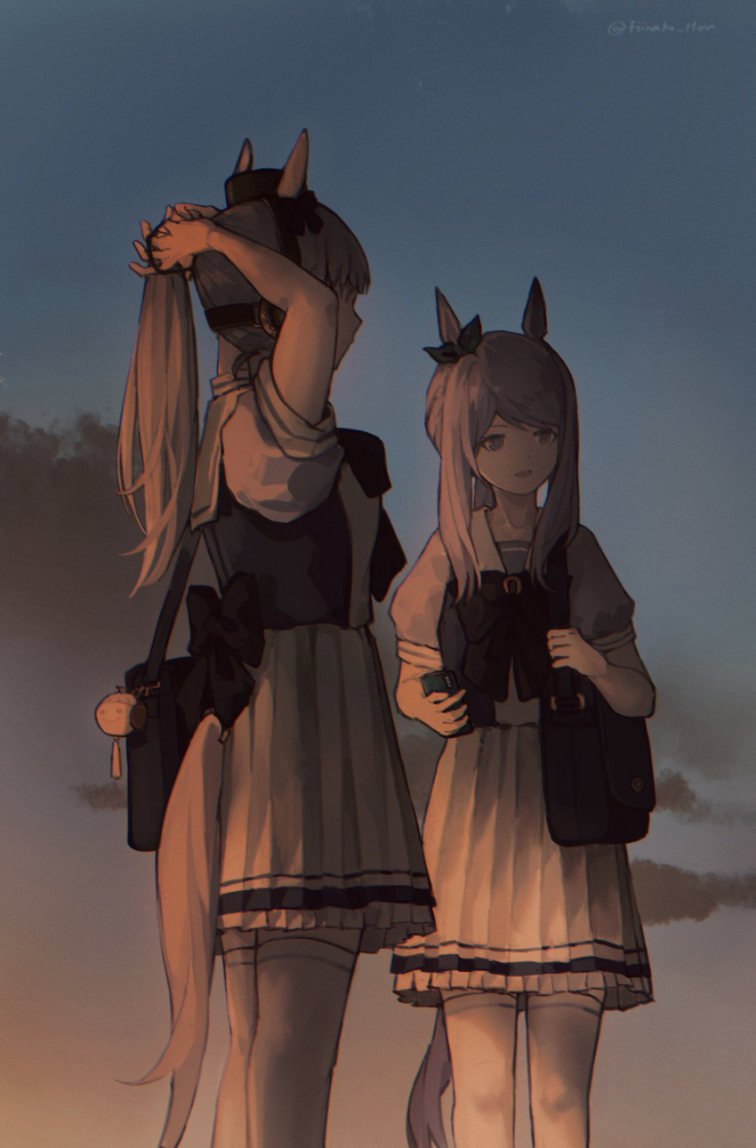 2girls animal_ears bag bow bowtie cellphone clouds ear_bow feet_out_of_frame gold_ship_(umamusume) hair_tie hat highres holding holding_phone horse_ears horse_girl horse_tail long_hair mejiro_mcqueen_(umamusume) multiple_girls outdoors phone sailor_collar school_bag school_uniform shirt short_sleeves shoulder_bag skirt solo standing sunset tail tail_through_clothes thigh-highs tracen_school_uniform twitter_username tying_hair umamusume white_skirt white_thighhighs yi_yu