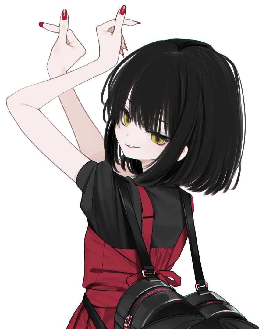 1girl archived_source arms_up backpack bag black_hair black_shirt dress finger_heart fingernails from_behind grin heart-shaped_bag highres honnryou_hanaru long_fingernails looking_at_viewer looking_back original parted_lips pinafore_dress red_dress red_nails senda_aki shirt short_hair short_sleeves simple_background sleeveless sleeveless_dress smile solo upper_body white_background yellow_eyes