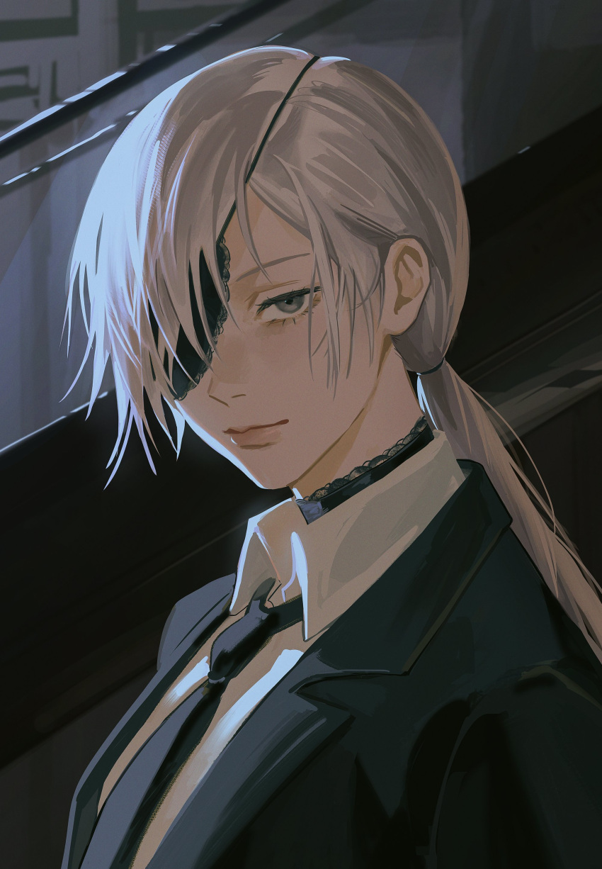 1girl absurdres black_choker black_jacket black_necktie black_suit chainsaw_man choker collared_shirt eyepatch from_side grey_eyes grey_hair highres jacket lace-trimmed_choker lace_trim light_smile long_hair looking_at_viewer low_ponytail necktie one_eye_covered portrait quanxi_(chainsaw_man) shirt solo suit swept_bangs uqi32 white_shirt