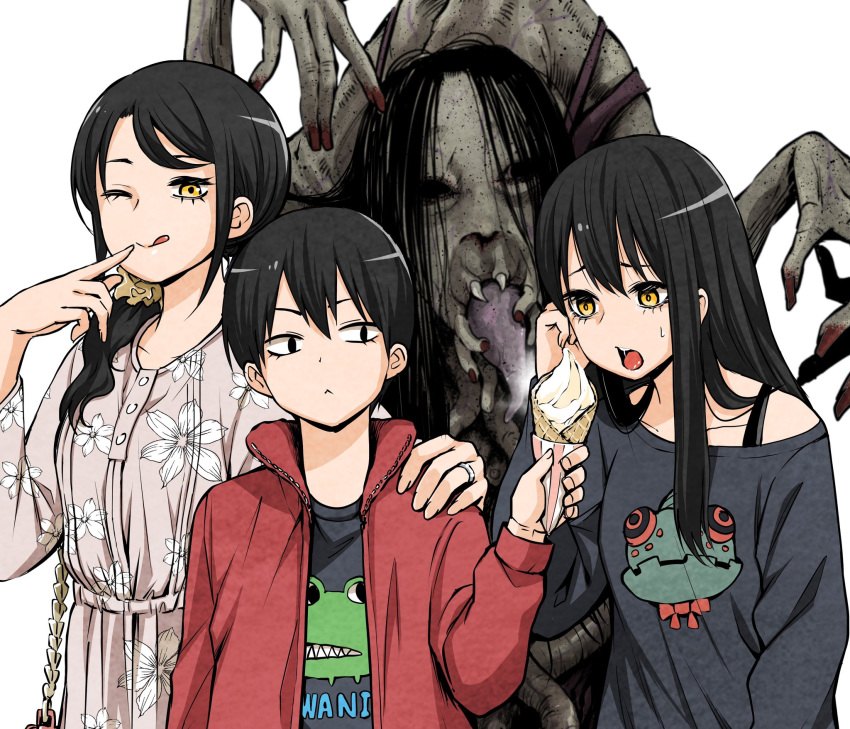 1boy 2girls :&lt; ;p black_eyes black_hair brother_and_sister collarbone dress family floral_print grey_dress grey_shirt hair_ornament hair_over_shoulder hair_scrunchie highres holding_ice_cream_cone ice_cream_cone izumi_(toubun_kata) jacket jewelry long_hair mieruko-chan monster mother_and_daughter mother_and_son multiple_girls official_art one_eye_closed open_mouth red_jacket ring scrunchie shirt short_hair siblings simple_background tongue tongue_out upper_body white_background yellow_eyes yellow_scrunchie yotsuya_kyousuke yotsuya_miko yotsuya_touko