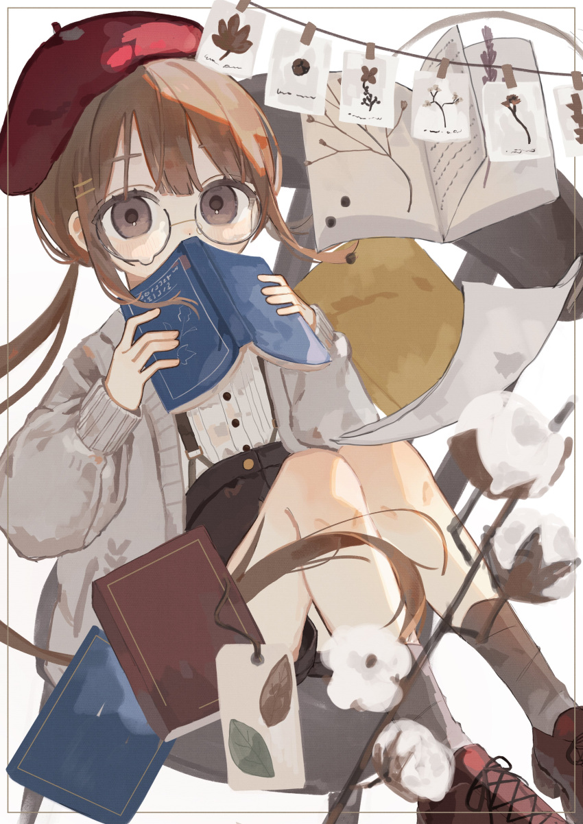 1girl absurdres beret book branch brown_eyes brown_hair brown_overalls buttons child cotton_(plant) hat highres holding holding_book knees_up long_hair long_sleeves looking_at_viewer mamu_(ma_mu_chan) on_chair open_book original overalls photo_(object) shirt shorts sitting solo sweater white_background
