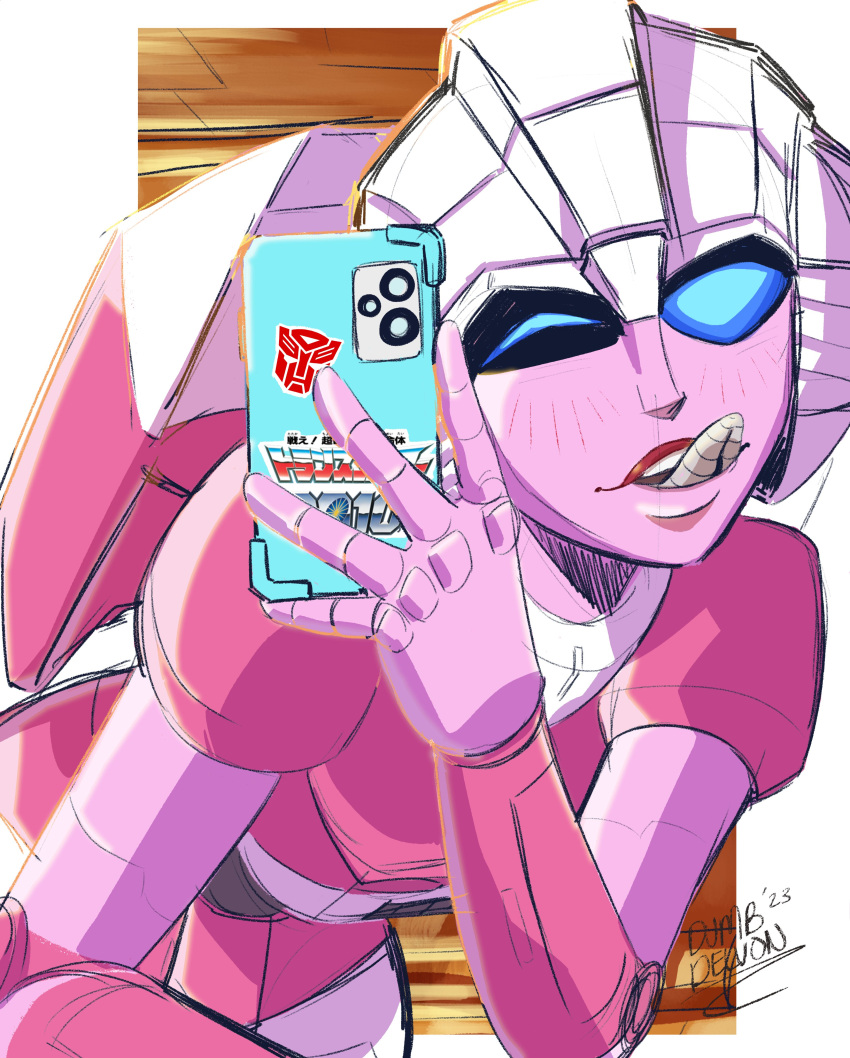 1girl absurdres arcee autobot backpack bag blue_eyes cellphone dumbdelvon glowing glowing_eyes highres humanoid_robot making_faces mechanical_parts one_eye_closed phone red_lips robot selfie smartphone solo tongue tongue_out transformers