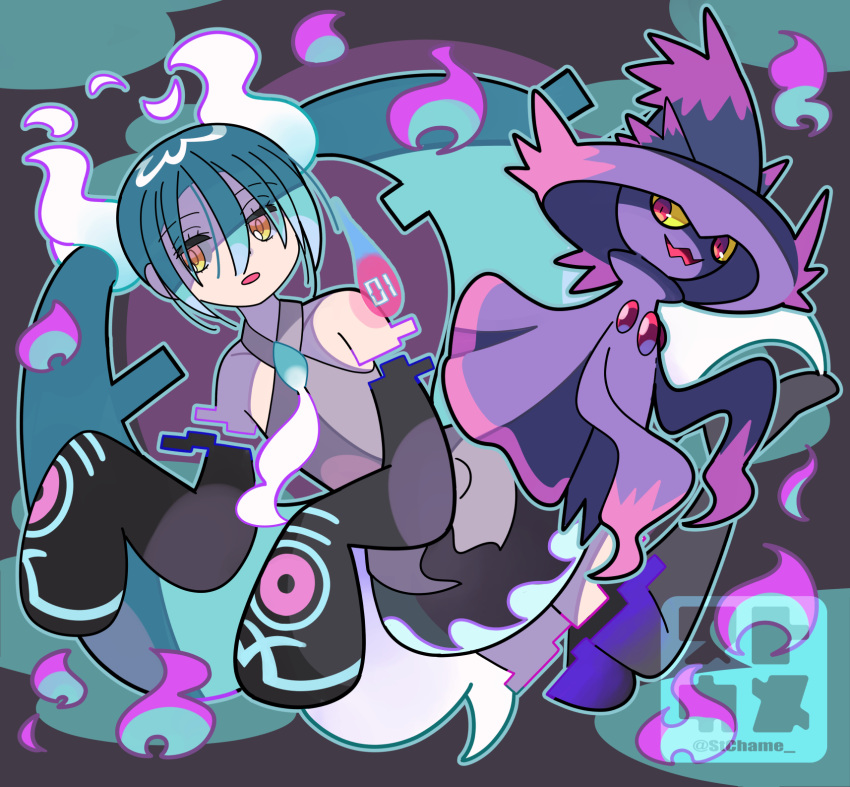 1girl bare_shoulders commentary_request crossover detached_sleeves dress eyelashes ghost_miku_(project_voltage) green_hair grey_dress hair_between_eyes hatsune_miku highres long_hair mismagius open_mouth outline pokemon pokemon_(creature) project_voltage sleeves_past_fingers sleeves_past_wrists sutokame thigh-highs twintails vocaloid watermark yellow_eyes