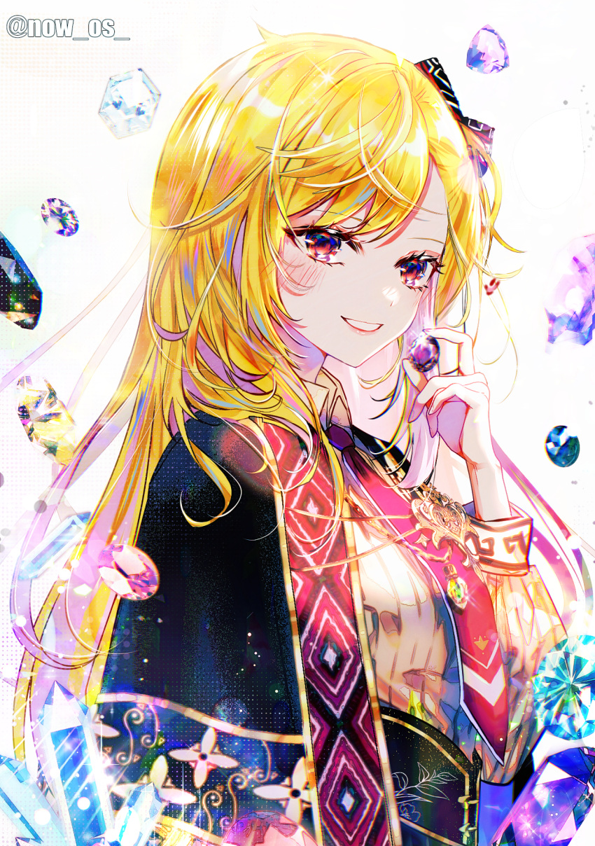 1girl black_capelet black_gemstone blonde_hair blue_gemstone capelet gem grin hair_ornament highres holding holding_jewelry hololive hololive_indonesia jewelry kaela_kovalskia long_hair long_sleeves necktie purple_gemstone red_eyes red_necktie shirt smile solo sowon twitter_username very_long_hair virtual_youtuber yellow_shirt