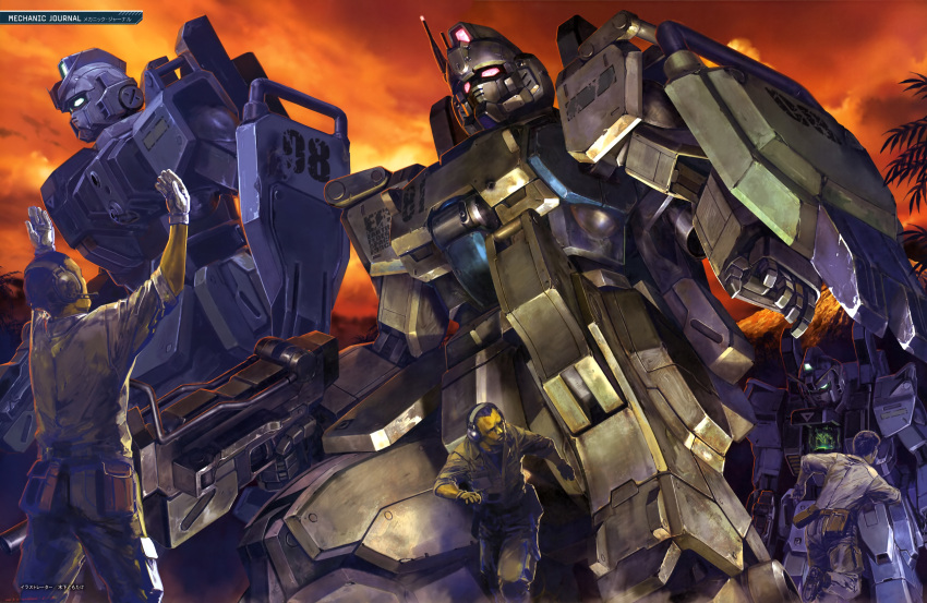 4boys absurdres arm_shield arms_up belt_pouch brown_jacket brown_pants clouds earth_federation_space_forces gloves green_eyes ground_gundam gun gundam gundam_08th_ms_team gundam_ez8 headphones highres holding holding_gun holding_weapon jacket kinoshita_tomotake mecha military_uniform mobile_suit multiple_boys on_one_knee open_cockpit orange_sky outdoors palm_tree pants pouch radio_antenna red_eyes robot running science_fiction sky sleeves_rolled_up tree uniform v-fin weapon white_gloves