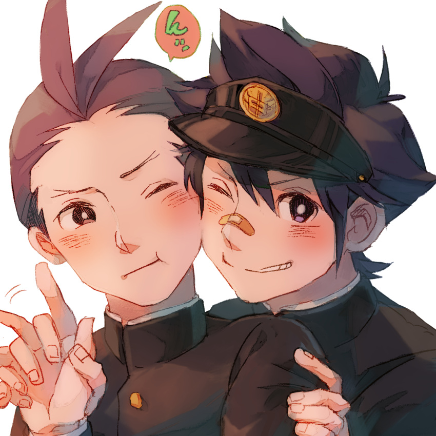 &gt;:) 2boys :t ace_attorney apollo_justice bandaid bandaid_on_face bandaid_on_nose black_hair black_headwear black_jacket blue_eyes blush brown_eyes brown_hair buttons clay_terran collared_jacket fingernails forked_eyebrows gakuran grin hair_between_eyes hand_on_another's_arm hand_up highres holding_hands jacket long_sleeves looking_at_another looking_at_viewer male_focus multiple_boys one_eye_closed school_uniform short_hair simple_background smile speech_bubble v-shaped_eyebrows visor_cap waroring255 white_background wince