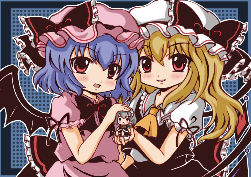 2girls absurdres ascot back_bow bat_wings blonde_hair blue_background bow bowtie character_doll collared_shirt cowboy_shot dress flandre_scarlet frilled_bow frilled_shirt_collar frills grey_hair hair_between_eyes hat hat_ribbon head_tilt highres izayoi_sakuya large_bow long_hair looking_at_viewer mayuki_(nami1120) medium_hair mob_cap multiple_girls one_side_up open_mouth pink_dress pink_headwear pink_shirt purple_hair red_bow red_bowtie red_eyes red_skirt red_vest remilia_scarlet ribbon shirt skirt skirt_set touhou vest white_headwear white_shirt wings yellow_ascot
