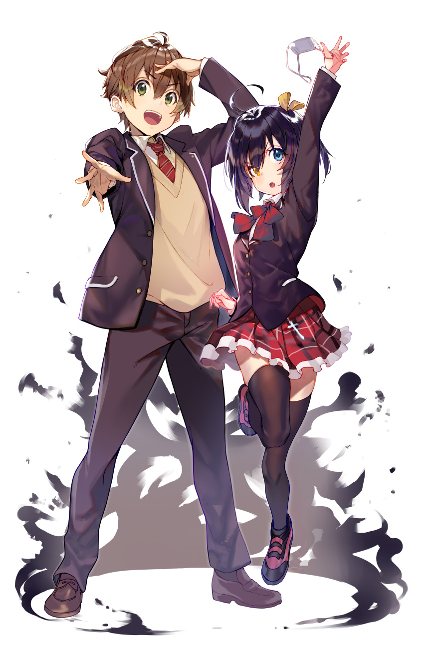 1boy 1girl absurdres ahoge black_hair black_jacket black_pants black_thighhighs blazer blue_eyes bow bowtie brown_hair chuunibyou_demo_koi_ga_shitai! collared_shirt contact_lens dress_shirt eyepatch green_eyes hand_on_own_head heterochromia highres icho_private_high_school_uniform jacket necktie one_side_up pants plaid plaid_skirt pleated_skirt red_bow red_bowtie red_necktie red_skirt school_uniform shirt shoes short_hair side_ponytail skirt standing sweater_vest takanashi_rikka thigh-highs togashi_yuuta tsukudani_(ore624) white_shirt yellow_eyes