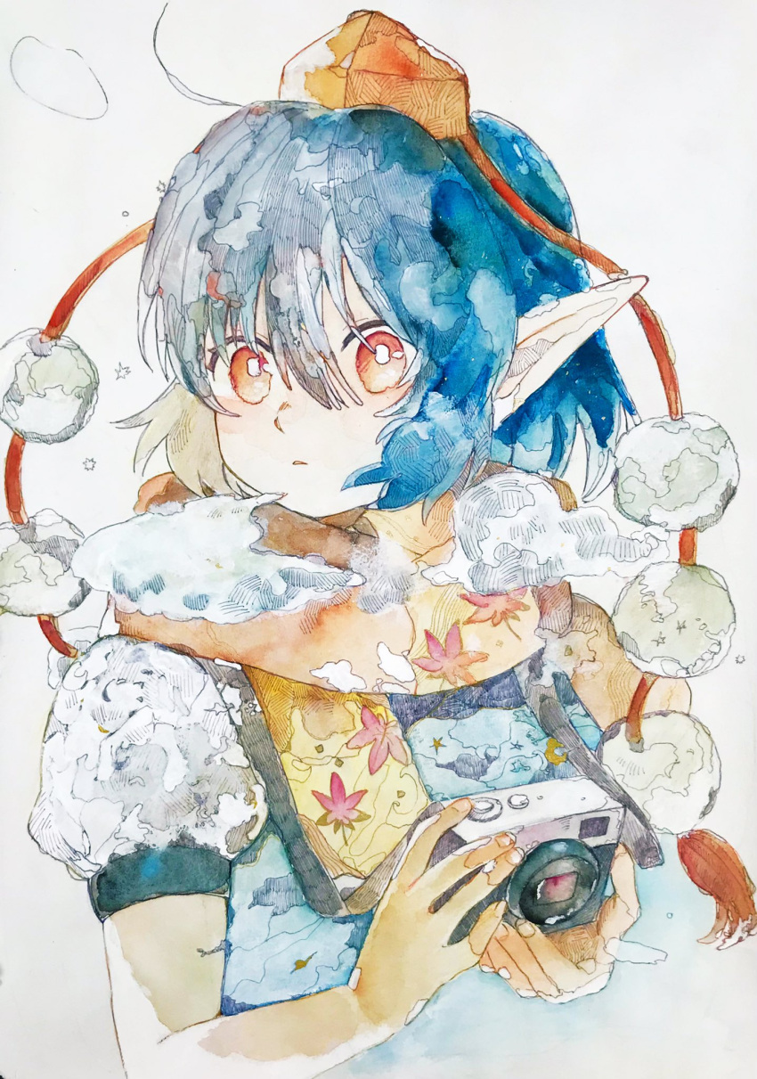 1girl blue_hair camera commentary_request cropped_torso digital_camera hat highres holding holding_camera leaf_print looking_to_the_side niseneko_(mofumofu_ga_ienai) open_mouth orange_scarf painting_(medium) pointy_ears puffy_short_sleeves puffy_sleeves red_eyes red_headwear scarf shameimaru_aya shirt short_hair short_sleeves solo tokin_hat touhou traditional_media watercolor_(medium) white_shirt