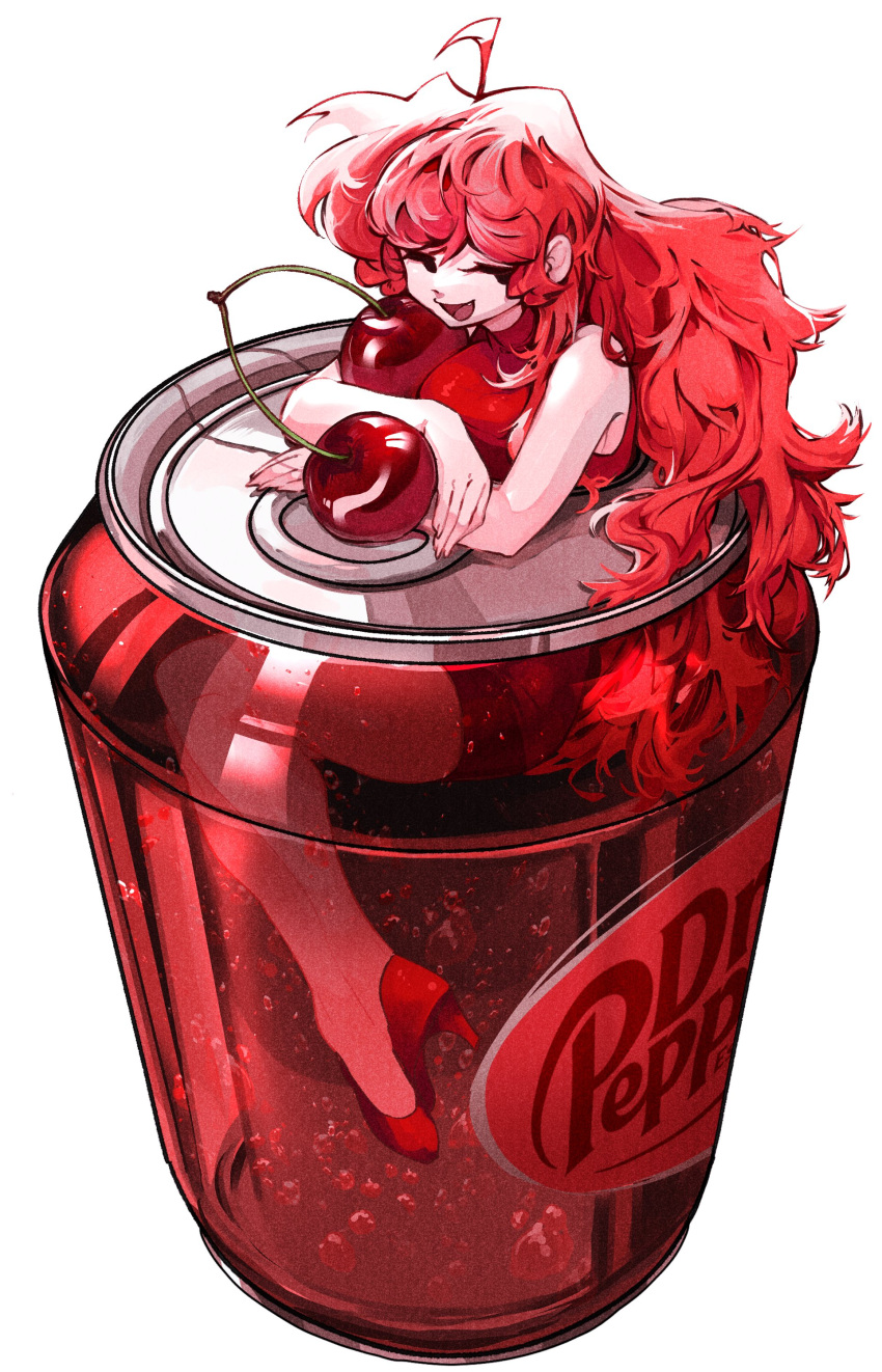 1girl absurdres breasts can cherry closed_eyes colored_skin dr_pepper food friday_night_funkin' fruit girlfriend_(friday_night_funkin') highres large_breasts long_hair ohyaholla open_mouth pink_skin red_theme redhead smile