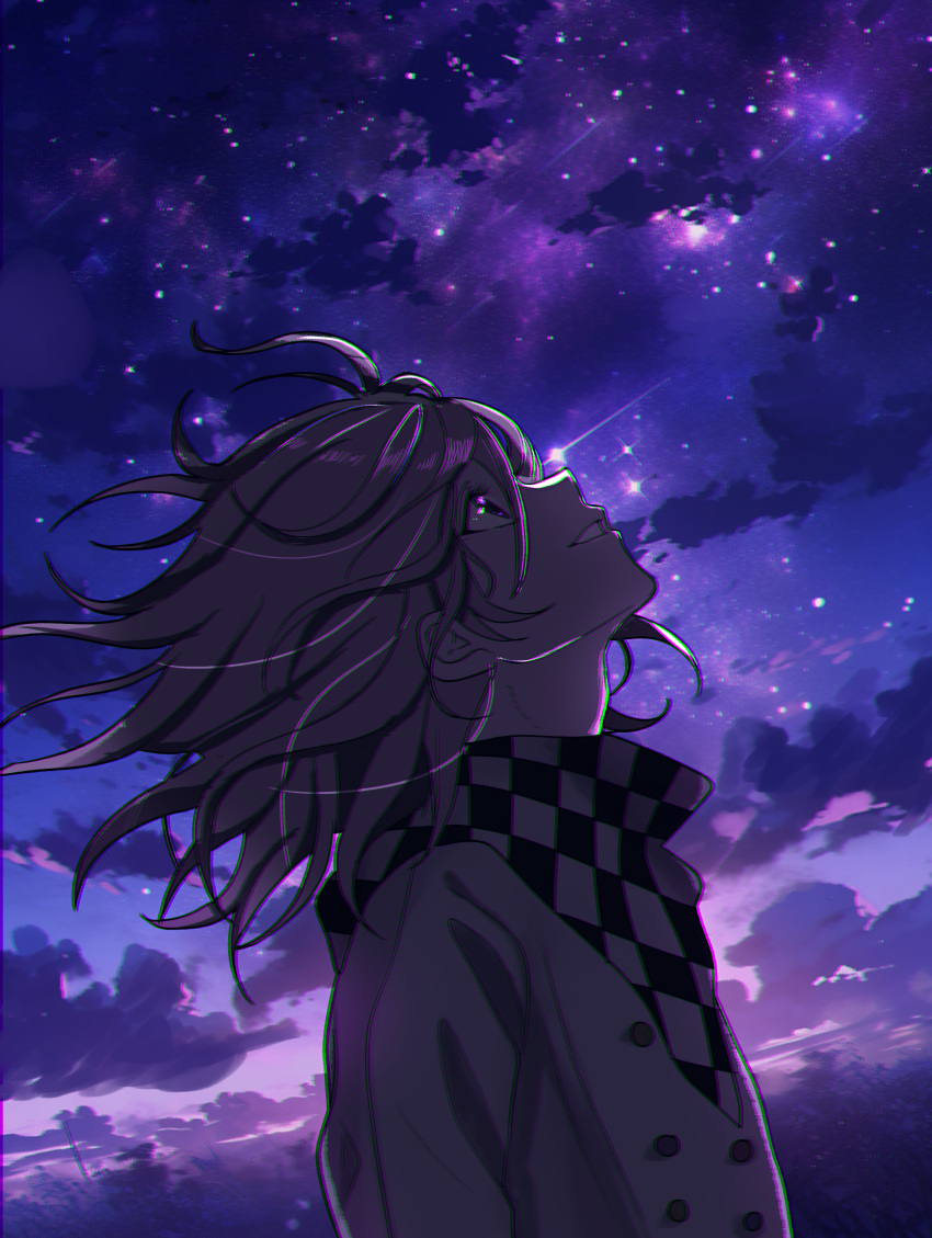 1boy absurdres buttons checkered_clothes checkered_scarf danganronpa_(series) danganronpa_v3:_killing_harmony double-breasted from_side grin highres jacket looking_up medium_hair messy_hair night oma_kokichi outdoors profile scarf sky smile solo star_(sky) starry_sky teeth urami0310