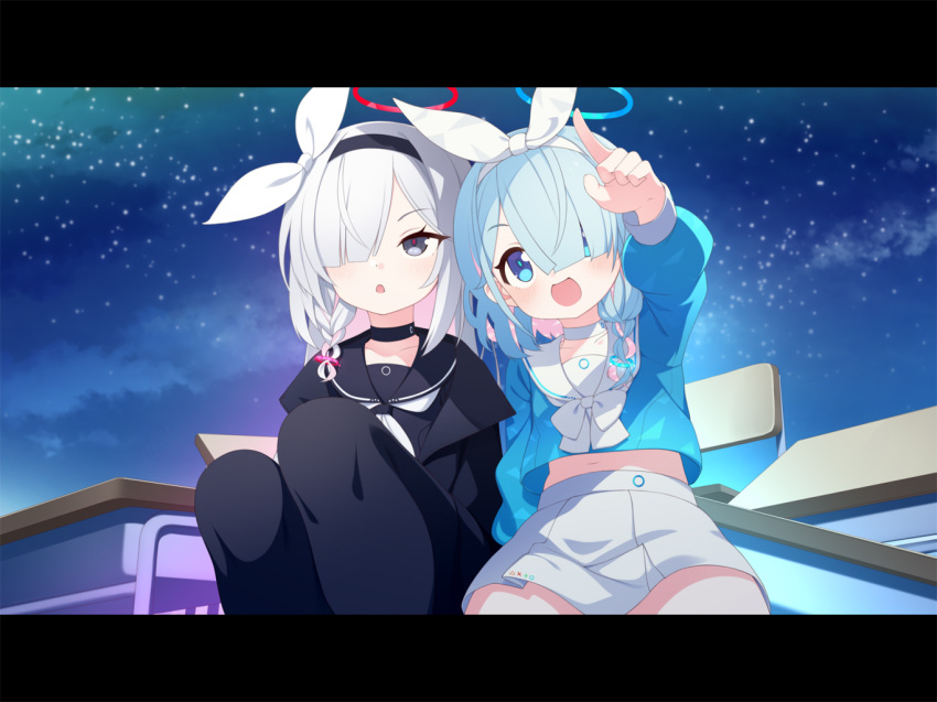 2girls :d aqua_hair arona_(blue_archive) black_choker black_coat black_eyes black_pantyhose black_serafuku blue_archive blue_eyes blue_serafuku blunt_bangs braid chair choker coat collarbone commentary_request desk hair_ornament hair_over_one_eye hairband halo knees_up long_bangs long_hair long_sleeves looking_at_viewer midriff mofu_namako multiple_girls navel open_clothes open_coat outdoors pantyhose parted_bangs parted_lips plana_(blue_archive) pleated_skirt pointing school_chair school_desk school_uniform serafuku short_hair sidelocks single_braid sitting skirt sky smile star_(sky) starry_sky white_choker white_hair white_skirt