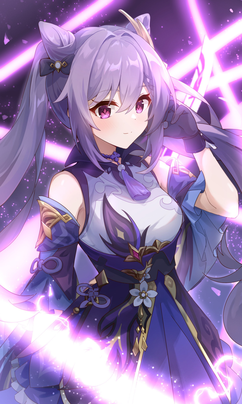 1girl absurdres bare_shoulders braid breasts choker cone_hair_bun diamond-shaped_pupils diamond_(shape) double_bun dress frilled_gloves frills genshin_impact gloves hair_bun hair_ears hair_ornament highres keqing_(genshin_impact) long_hair looking_at_viewer medium_breasts neck_tassel purple_choker purple_dress purple_gloves purple_hair qi_ye_zhu_sky solo symbol-shaped_pupils twintails violet_eyes