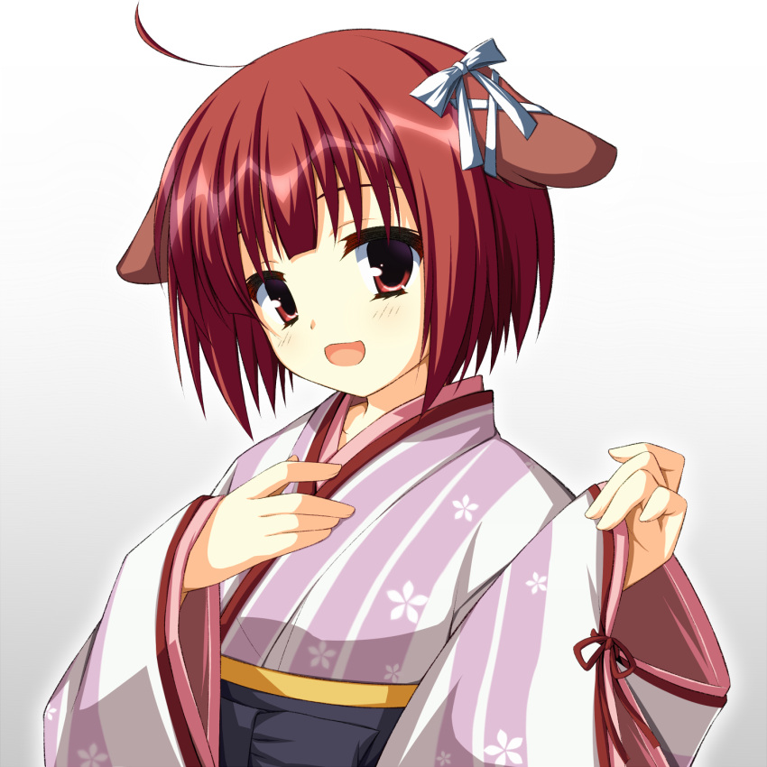 1girl :d ahoge animal_ears asagi_nanami blunt_bangs blush commentary_request dog_ears dog_girl eyebrows_hidden_by_hair eyelashes floral_print hair_ornament hair_ribbon hands_up happy highres japanese_clothes kimono long_hair looking_at_viewer open_mouth purple_kimono red_eyes redhead ribbon short_hair simple_background sleeves_past_wrists smile solo suou_(tenshinranman) tenshinranman two-tone_kimono upper_body white_background white_kimono white_ribbon x_hair_ornament