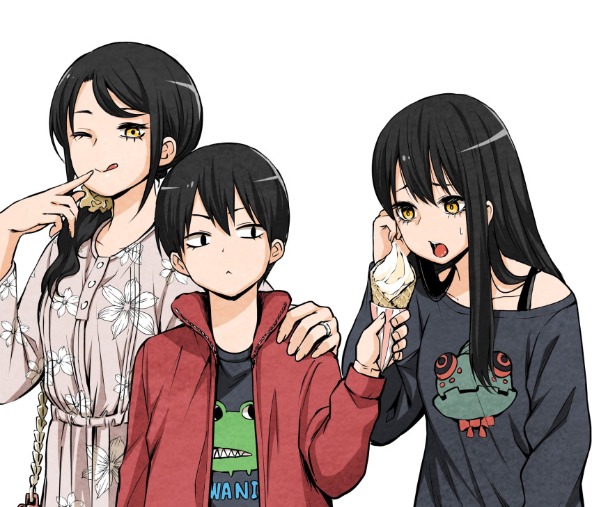 1boy 2girls :&lt; ;p black_eyes black_hair brother_and_sister collarbone dress family floral_print grey_dress grey_shirt hair_ornament hair_over_shoulder hair_scrunchie highres holding_ice_cream_cone ice_cream_cone izumi_(toubun_kata) jacket jewelry long_hair mieruko-chan mother_and_daughter mother_and_son multiple_girls official_art one_eye_closed open_mouth red_jacket ring scrunchie shirt short_hair siblings simple_background tongue tongue_out upper_body white_background yellow_eyes yellow_scrunchie yotsuya_kyousuke yotsuya_miko yotsuya_touko