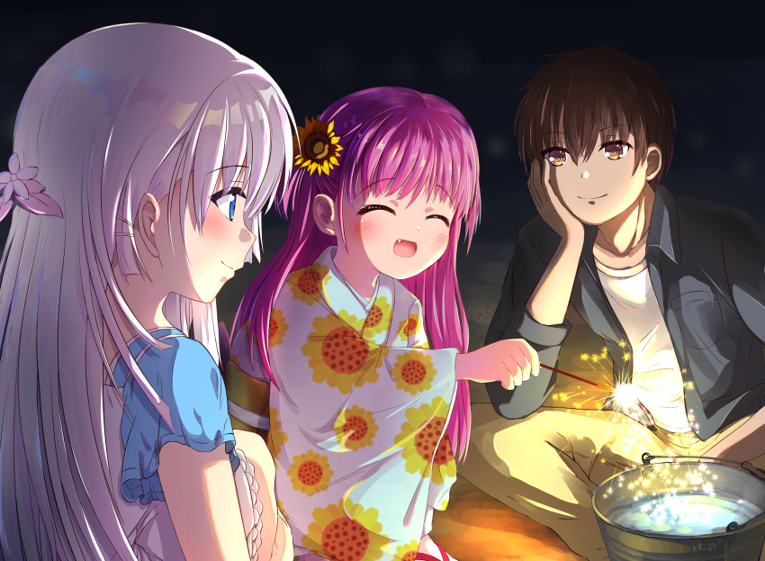 1boy 2girls absurdres flower hair_flower hair_ornament highres jacket japanese_clothes katou_umi kimono long_hair multiple_girls naruse_shiroha night open_clothes open_jacket purple_hair straight_hair summer_pockets takahara_hairi user_nwuk3383 very_long_hair white_hair