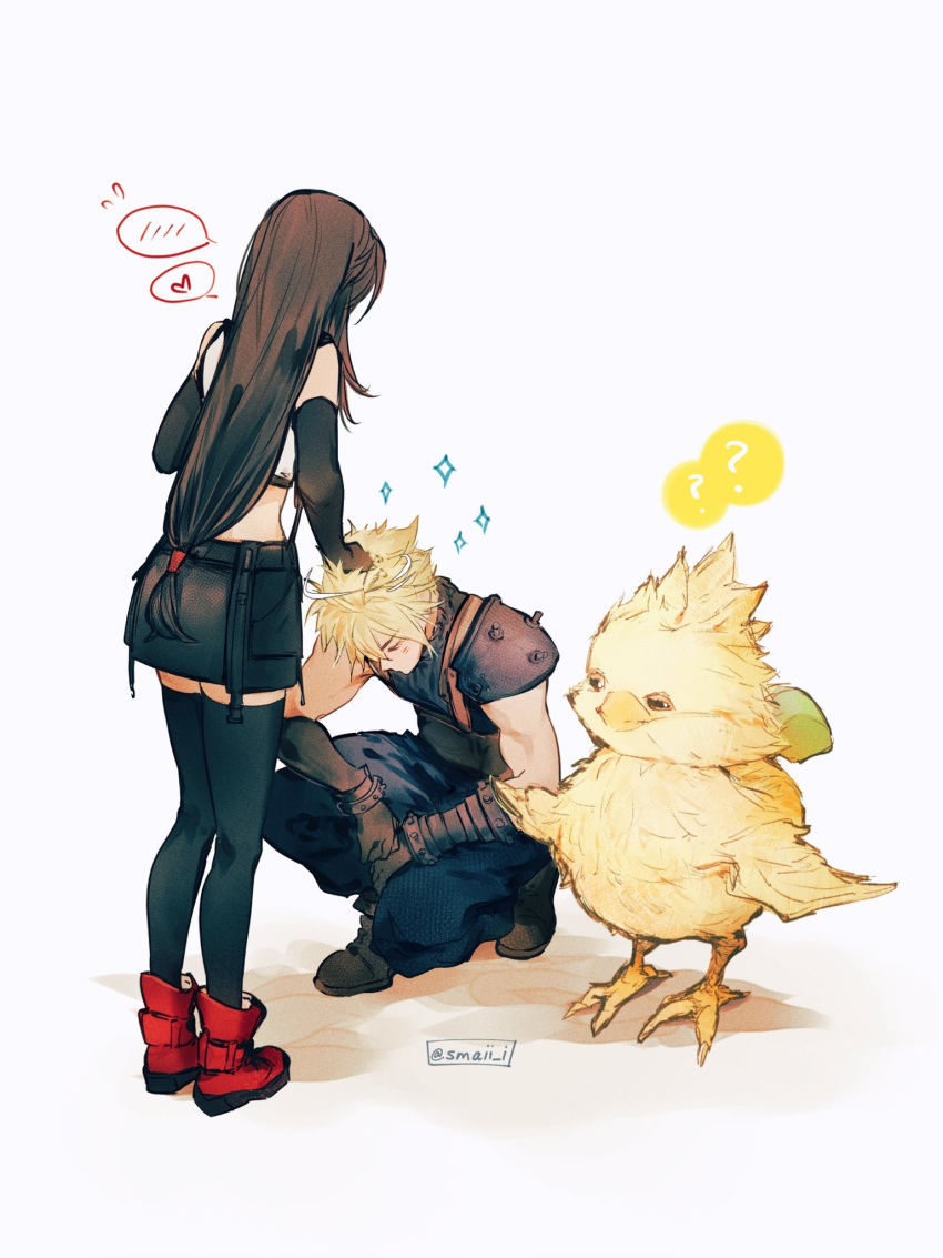 1boy 1girl ? armor baggy_pants bare_shoulders bird black_gloves black_hair black_skirt black_thighhighs blonde_hair blush boots chocobo closed_eyes cloud_strife commentary couple creature crop_top elbow_gloves final_fantasy final_fantasy_vii final_fantasy_vii_rebirth fingerless_gloves flying_sweatdrops gloves hand_on_another's_head headpat heart highres long_hair looking_at_another low-tied_long_hair maiii_(smaii_i) midriff pants red_footwear ribbed_sweater short_hair shoulder_armor simple_background single_bare_shoulder skirt sleeveless sleeveless_turtleneck sparkle spiky_hair spoken_blush spoken_heart spoken_question_mark squatting standing suspender_skirt suspenders sweater symbol-only_commentary tank_top thigh-highs tifa_lockhart turtleneck turtleneck_sweater twitter_username very_long_hair white_tank_top zettai_ryouiki