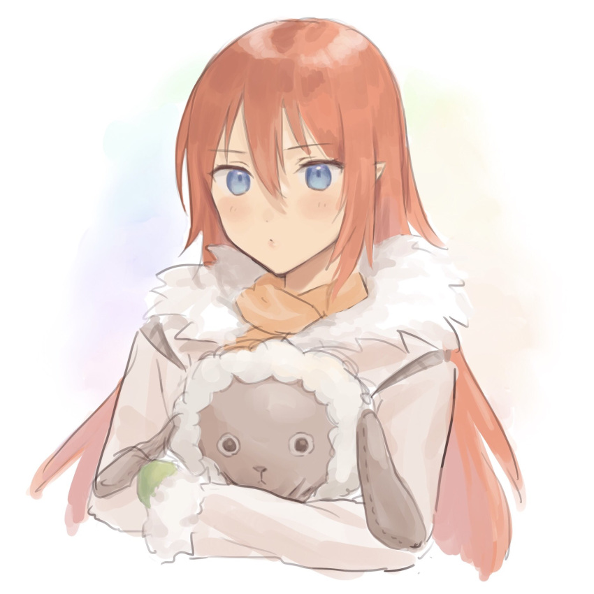 1girl blue_eyes blush brown_coat closed_mouth coat commentary_request cropped_torso fur_trim hair_between_eyes highres holding holding_stuffed_toy hug long_hair looking_at_viewer mokomoko_(rune_factory) orange_scarf redhead rune_factory rune_factory_3 scarf simple_background solo stuffed_animal stuffed_sheep stuffed_toy tanabe_rf toona upper_body white_background