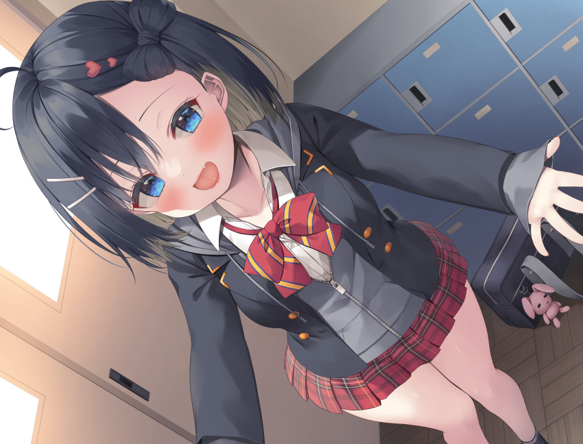 1girl absurdres asa_no_ha_(awayuki) bag black_hair black_jacket black_socks blue_eyes blush bow bowtie collarbone collared_shirt doorway grey_sweater hair_bow hair_ornament hairclip heart heart_hair_ornament highres jacket locker long_hair looking_at_viewer non-web_source open_mouth original outstretched_arms plaid plaid_skirt pleated_skirt red_bow red_bowtie red_skirt school_bag school_uniform shirt skirt socks solo standing sweater white_shirt wooden_floor