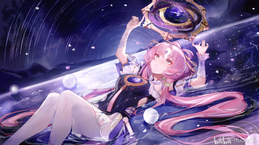 1girl absurdres arms_up brown_eyes closed_mouth commentary_request constellation_print detached_sleeves dutch_angle feet_out_of_frame forehead_jewel fu_xuan_(honkai:_star_rail) highres honkai:_star_rail honkai_(series) long_hair low_twintails lying mountainous_horizon night nuez on_back pantyhose parted_bangs partially_submerged pink_hair skirt solo tassel twintails water white_pantyhose white_skirt