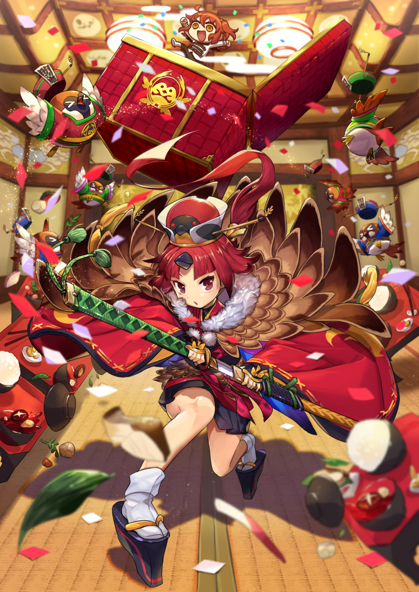 &gt;_&lt; 2girls benienma_(fate) bird box brown_eyes brown_hair chibi commentary_request confetti drawing_sword fate/grand_order fate_(series) feather_trim food fujimaru_ritsuka_(female) geta highres holding holding_sword holding_weapon ishico katana midair multiple_girls nora_(norabox) open_mouth orange_eyes platform_footwear revision sheath smile solo sparrow sword unsheathing weapon wide_sleeves