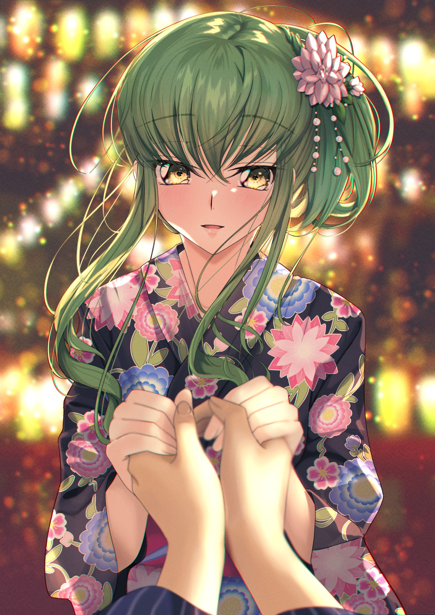 1girl absurdres beads blurry blurry_background budgiepon c.c. code_geass commentary_request floral_print floral_print_kimono flower green_hair hair_beads hair_flower hair_ornament hands_up highres holding_hands japanese_clothes kimono lantern light_smile long_hair looking_at_viewer one_side_up parted_lips pov pov_hands upper_body yellow_eyes