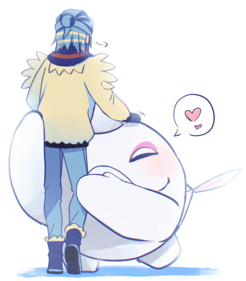 1boy affectionate blue_footwear blue_hair blue_pants blue_scarf boots cetoddle commentary_request grusha_(pokemon) hair_bun heart highres jacket long_sleeves male_focus mittens mocacoffee_1001 pants pokemon pokemon_(creature) pokemon_(game) pokemon_sv scarf spoken_heart standing striped striped_scarf white_background yellow_jacket