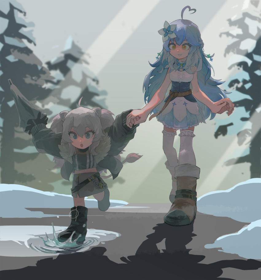 2girls absurdres aged_down ahoge airplane_arms animal_ears black_footwear black_jacket black_shirt blue_hair boots chibi chibi_inset commentary_request crop_top flower frilled_thighhighs frills full_body fur-trimmed_boots fur-trimmed_jacket fur_trim green_eyes grey_hair grey_skirt hair_flower hair_ornament heart heart_ahoge highres holding_hands hololive jacket lion_ears lion_girl lion_tail long_hair looking_at_another looking_down mato_(target5260) miniskirt multiple_girls outdoors outstretched_arms pine_tree running shirt shishiro_botan shishiro_botan_(1st_costume) skirt sleeveless sleeveless_shirt snow spread_arms tail thigh-highs tree underbust virtual_youtuber white_thighhighs wide_sleeves winter yukihana_lamy yukihana_lamy_(1st_costume) zipper_skirt