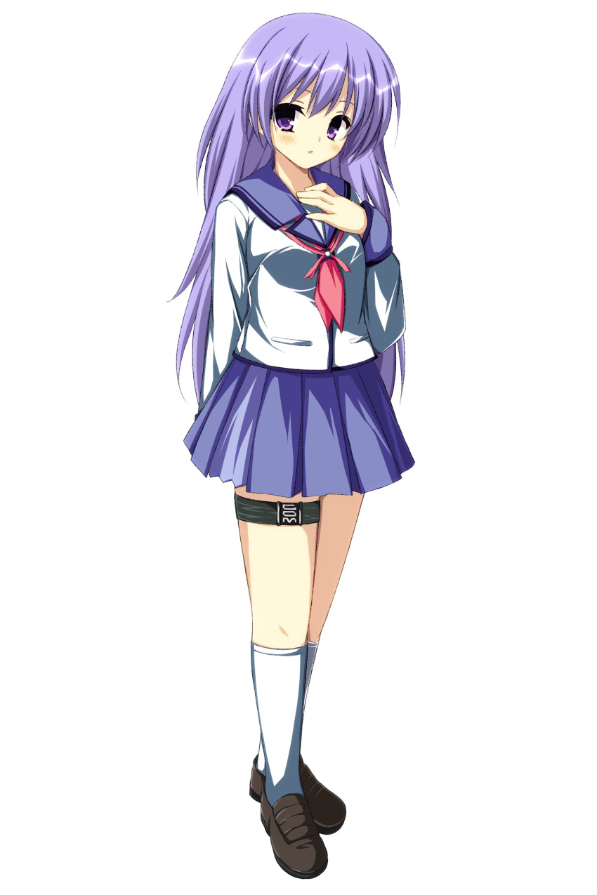 1girl absurdres angel_beats! arm_behind_back asagi_nanami blue_sailor_collar blue_skirt blush breasts brown_footwear commentary_request eyebrows_hidden_by_hair eyelashes full_body hair_between_eyes hand_up highres irie_miyuki kneehighs loafers long_hair long_sleeves looking_at_viewer miniskirt neckerchief parted_lips pink_neckerchief pleated_skirt purple_hair sailor_collar shinda_sekai_sensen_uniform shirt shoes simple_background skirt small_breasts socks solo spiky_hair standing thigh_strap very_long_hair white_background white_shirt white_socks