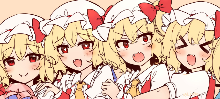 &gt;_&lt; 4girls arm_up artist_name ascot blonde_hair blush bow character_doll closed_eyes closed_mouth collared_shirt crossed_bangs crystal doll dress fang fangs fingernails flandre_scarlet four_of_a_kind_(touhou) frills hair_between_eyes hair_bow hand_on_another's_shoulder hand_up hat hat_bow hat_ribbon heart heart-shaped_pupils highres holding holding_doll kirero looking_at_another looking_at_viewer mob_cap multicolored_wings multiple_girls multiple_persona one_side_up open_mouth orange_background pink_headwear puffy_short_sleeves puffy_sleeves purple_hair red_bow red_dress red_eyes red_ribbon remilia_scarlet ribbon shirt short_hair short_sleeves simple_background smile standing symbol-shaped_pupils tongue touhou upper_body v-shaped_eyebrows white_headwear white_shirt wings wrist_cuffs yellow_ascot