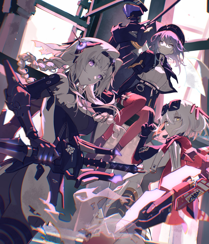 3girls alisa:_echo_(punishing:_gray_raven) alisa_(punishing:_gray_raven) belt bianca:_abystigma_(punishing:_gray_raven) bianca_(punishing:_gray_raven) blonde_hair boots braid cuffs handcuffs hat headgear highres holding holding_sword holding_weapon jacket jumpsuit lipstick long_hair looking_at_viewer looking_back makeup mao_(expuella) mechanical_parts military_uniform multiple_girls open_clothes open_jacket pink_eyes punishing:_gray_raven purple_hair rosetta_(punishing:_gray_raven) short_hair single_braid sitting smile sunglasses sword thigh-highs uniform veil violet_eyes weapon white_hair yellow_eyes
