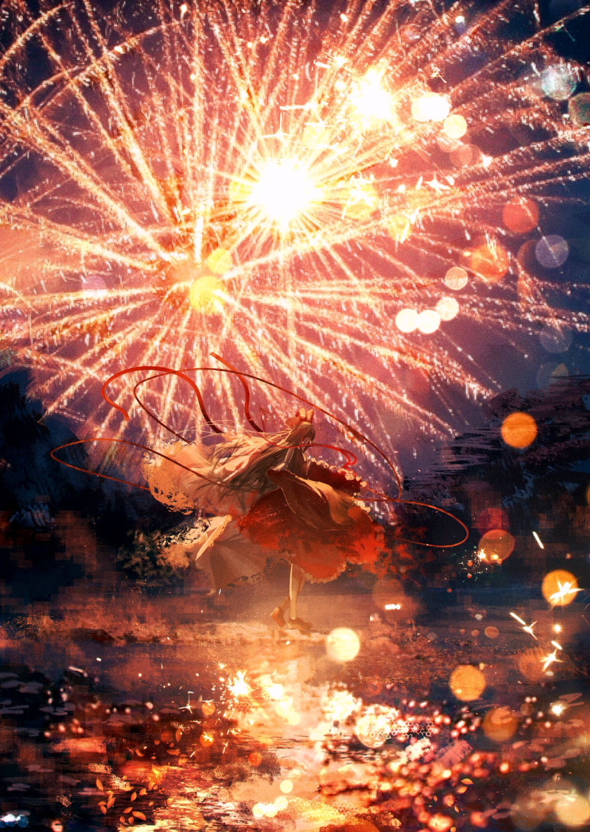 1girl aerial_fireworks blurry bokeh bow brown_eyes commentary_request depth_of_field detached_sleeves dress fireworks from_side hair_bow hakurei_reimu highres light_particles long_hair night red_bow red_dress red_footwear reflection reflective_water shoes solo standing standing_on_one_leg toho_sweet touhou wide_sleeves
