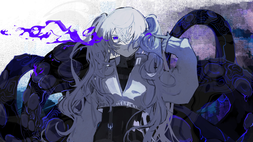 1girl absurdres black_shirt commentary_request cropped_jacket finger_gun hair_between_eyes hair_over_one_eye hatsune_miku highres kajiwara_3 long_hair long_sleeves looking_at_viewer parted_lips shirt solo turtleneck twintails upper_body violet_eyes vocaloid white_hair