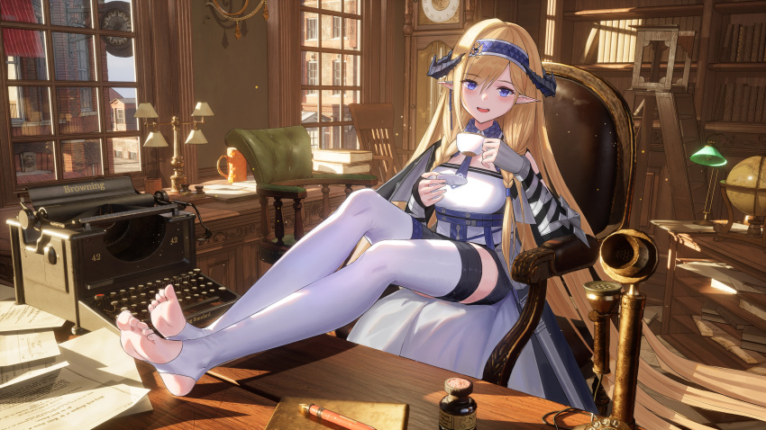 1girl absurdres arknights barefoot blonde_hair demon_horns fingerless_gloves gloves hairband highres horns indoors parted_bangs purple_hairband saileach_(arknights) sc068 soles thigh-highs violet_eyes white_thighhighs