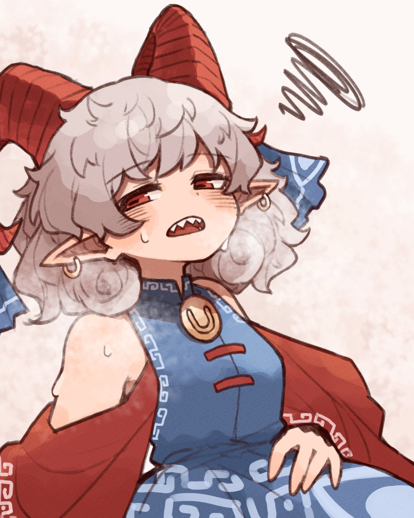 1girl blue_dress blue_ribbon blush curled_horns dress earrings grey_hair highres horn_ornament horn_ribbon horns jewelry kaginoni looking_at_viewer open_mouth pointy_ears red_eyes red_horns red_sleeves ribbon sharp_teeth sheep_horns short_hair solo squiggle teeth touhou toutetsu_yuuma upper_body