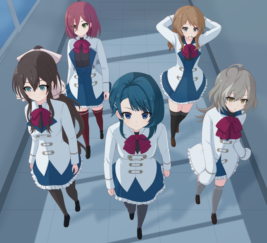 5girls ahoge aizawa_kazuha aqua_eyes arms_at_sides arms_behind_head arms_up assault_lily asymmetrical_hair black_footwear black_pantyhose black_shirt black_thighhighs blue_eyes blue_hair blue_skirt bow bowtie breasts brown_bow brown_hair closed_mouth frilled_skirt frills from_above green_eyes grey_eyes grey_hair grey_thighhighs hair_between_eyes hair_bow hair_ornament hair_tie_in_mouth hairclip hallway haniwa_(kiminozorazio) hatsukano_you herensuge_girls_academy_school_uniform high-waist_skirt high_ponytail highres iijima_renka indoors jacket loafers long_bangs long_sleeves looking_ahead low_ponytail medium_breasts miniskirt mouth_hold multicolored_hair multiple_girls open_clothes open_jacket oversized_clothes pantyhose parted_lips ponytail red_bow red_bowtie red_thighhighs redhead sasaki_ran school_uniform serizawa_chikaru shadow shirt shoes side_ponytail sidelocks skirt sleeves_past_fingers sleeves_past_wrists streaked_hair swept_bangs thigh-highs tying_hair v-shaped_eyebrows walking white_jacket window window_shade yellow_eyes zettai_ryouiki