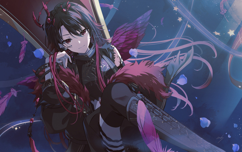1girl black_hair black_jacket black_shirt black_thighhighs boots crop_top cross-laced_footwear crossed_legs crown dutch_angle facial_mark feathered_wings feathers fur-trimmed_jacket fur_trim hair_between_eyes highres jacket kisaragi_ren_(vtuber) long_hair looking_at_viewer multicolored_hair off_shoulder official_alternate_costume open_clothes open_jacket red_eyes red_feathers red_wings redhead shirt sitting smirk solo star_(symbol) streaked_hair thigh-highs thigh_strap throne tomo7xxxx torn_clothes torn_shirt very_long_hair virtual_youtuber vspo! wings
