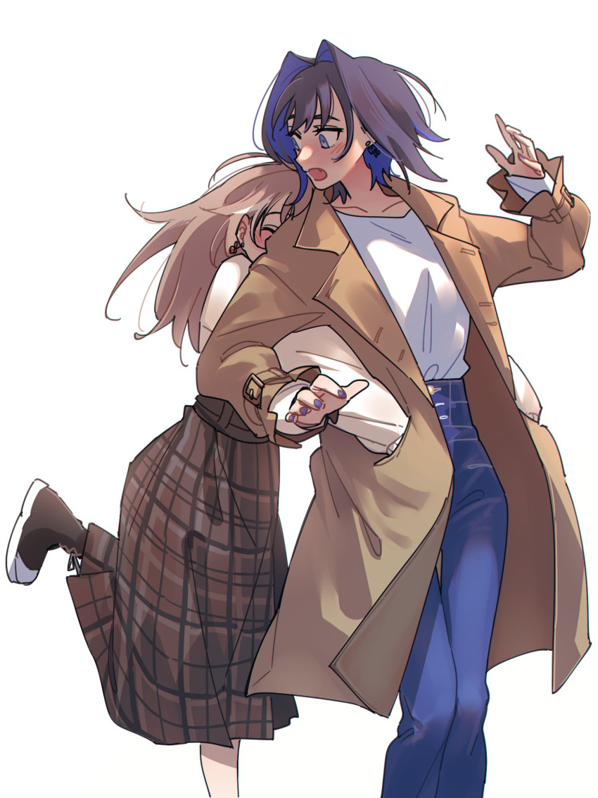 2girls black_footwear blue_eyes blue_hair blue_pants blush bow bow_earrings breasts brmameng brown_coat brown_hair brown_skirt closed_eyes coat collarbone colored_inner_hair denim earrings fang hair_intakes high-waist_pants highres hololive hololive_english hug hug_from_behind jeans jewelry leg_up long_hair long_skirt long_sleeves looking_back multicolored_hair multiple_girls nanashi_mumei nanashi_mumei_(3rd_costume) official_alternate_costume open_clothes open_coat open_mouth ouro_kronii ouro_kronii_(3rd_costume) pants plaid plaid_skirt pleated_skirt shirt short_hair simple_background skirt sleeves_past_wrists streaked_hair sweater teeth trench_coat two-tone_hair virtual_youtuber white_background white_shirt white_sweater